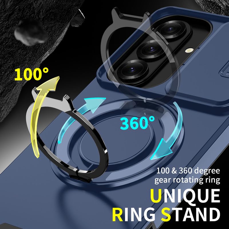 Image of LuxuryKase Shockproof Rugged Case for Samsung Galaxy S26 Plus | Slide Camera Cover | 360 Rotating Ring Kickstand | Military-Grade Protection - Navy Blue