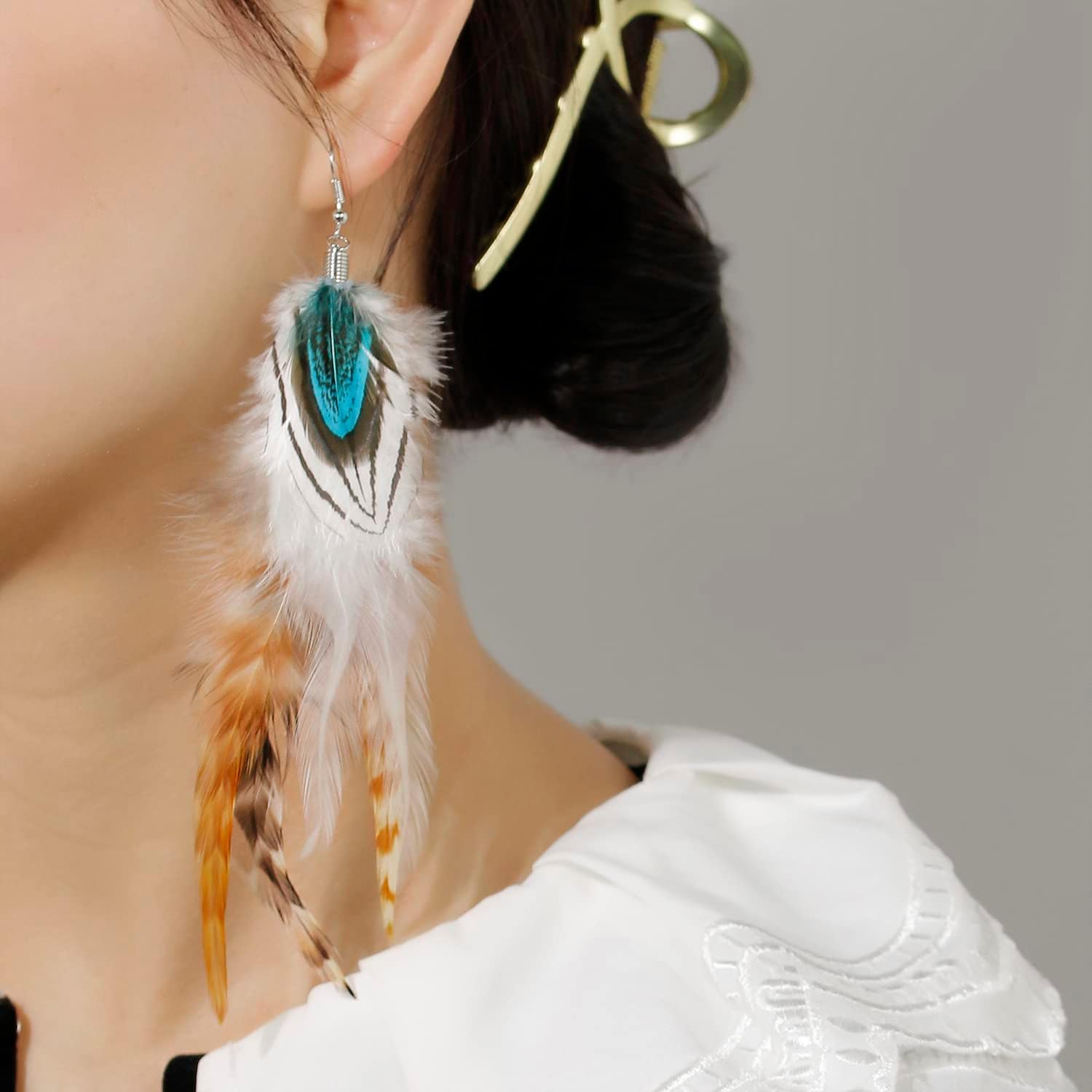 lureme Bohemian Style Boho Multicolor Pheasant Feathers Dangle Earrings for Women (er006359) - Image 3
