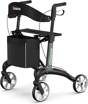 Carbon Fiber Silver Car Walker, Ultra Lightweight, Compact, For Seniors, Indoor/Outdoor, Sitting, Foldable, Adjustable Height, With Brake Lock Function, Wheelbarrow, Elderly, Four Wheeler Walker, Walking Aid Green and Black