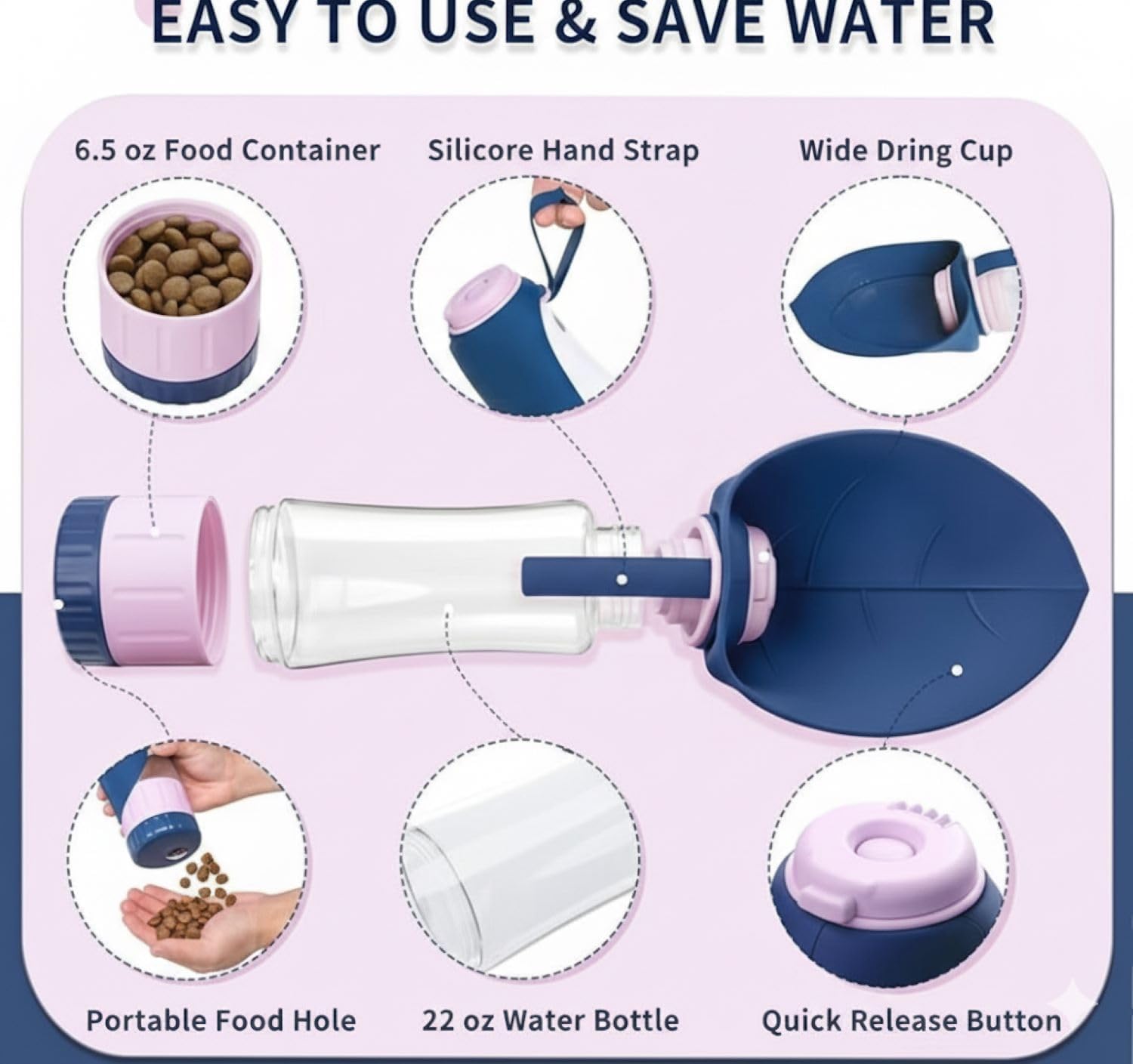 Dog Water Bottle,Portable Pet Water Bottle for Walking Leak Proof Foldable Puppy Dog Water Dispenser for Outdoor, Travel, Hiking (Dark Blue, 330ml+150ml) 1