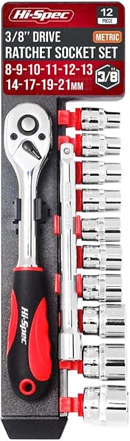 Hi-Spec 12pc 3/8 inch Metric Socket Set with Ratchet Wrench & Extension Bar. Home DIY and Car Garage Mechanic 8 to 21mm Ratchet Socket Tool Set