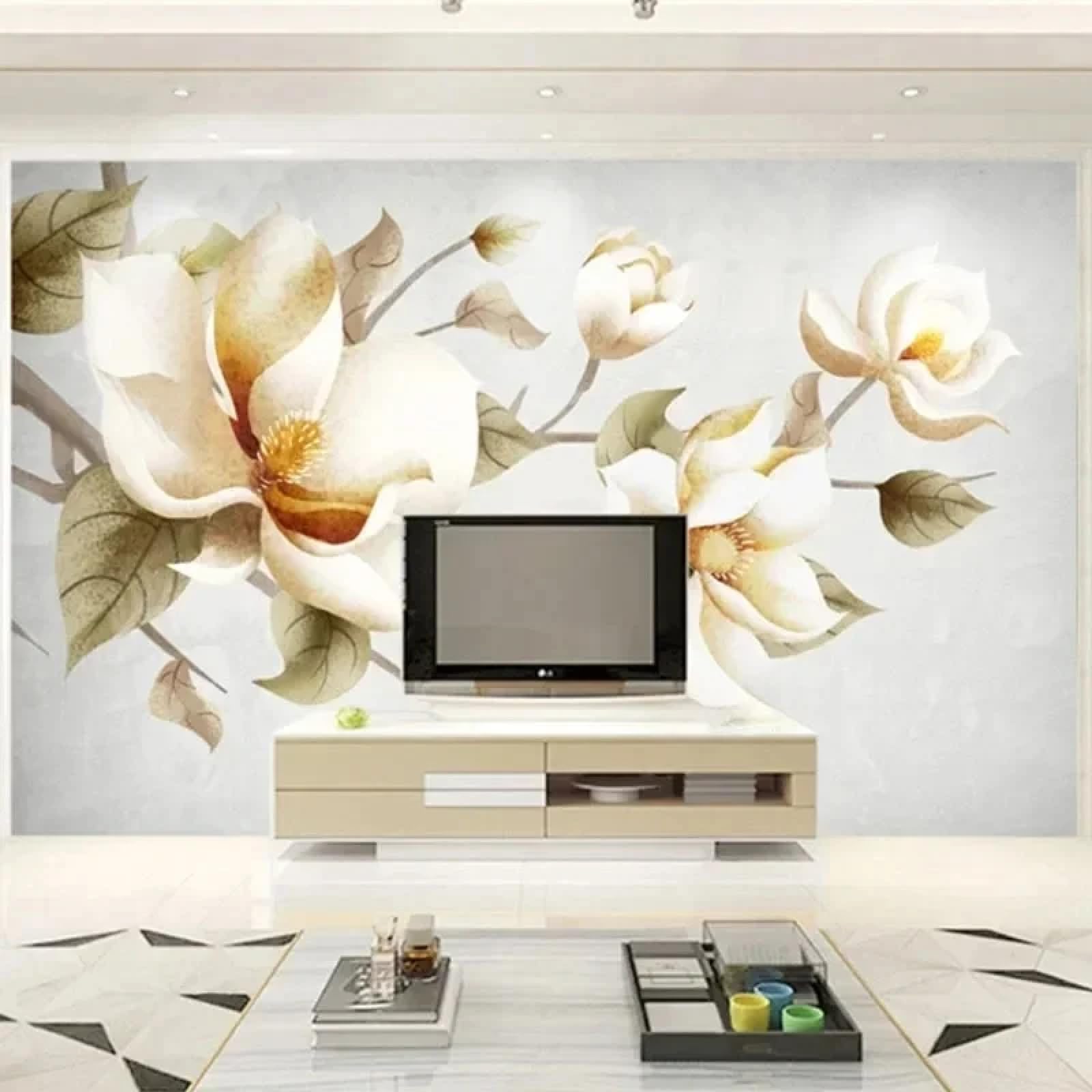 Photo murale moderne 3D plantes fleurs blanches mur arrière-plan