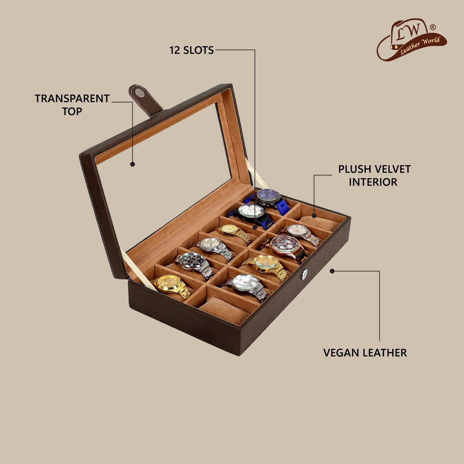 Leather World Scatola per orologi in finta pelle – Scatola per orologi da uomo – Organizer per orologi da donna – Porta orologi da polso 12 slot – elegante e espositore – marrone
