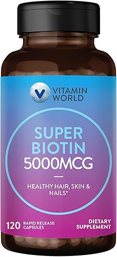 Vitamin World Super Biotin 5000 mcg. 120 cápsulas, vitamina B, cabello, piel y uñas, liberación rápida, sin gluten