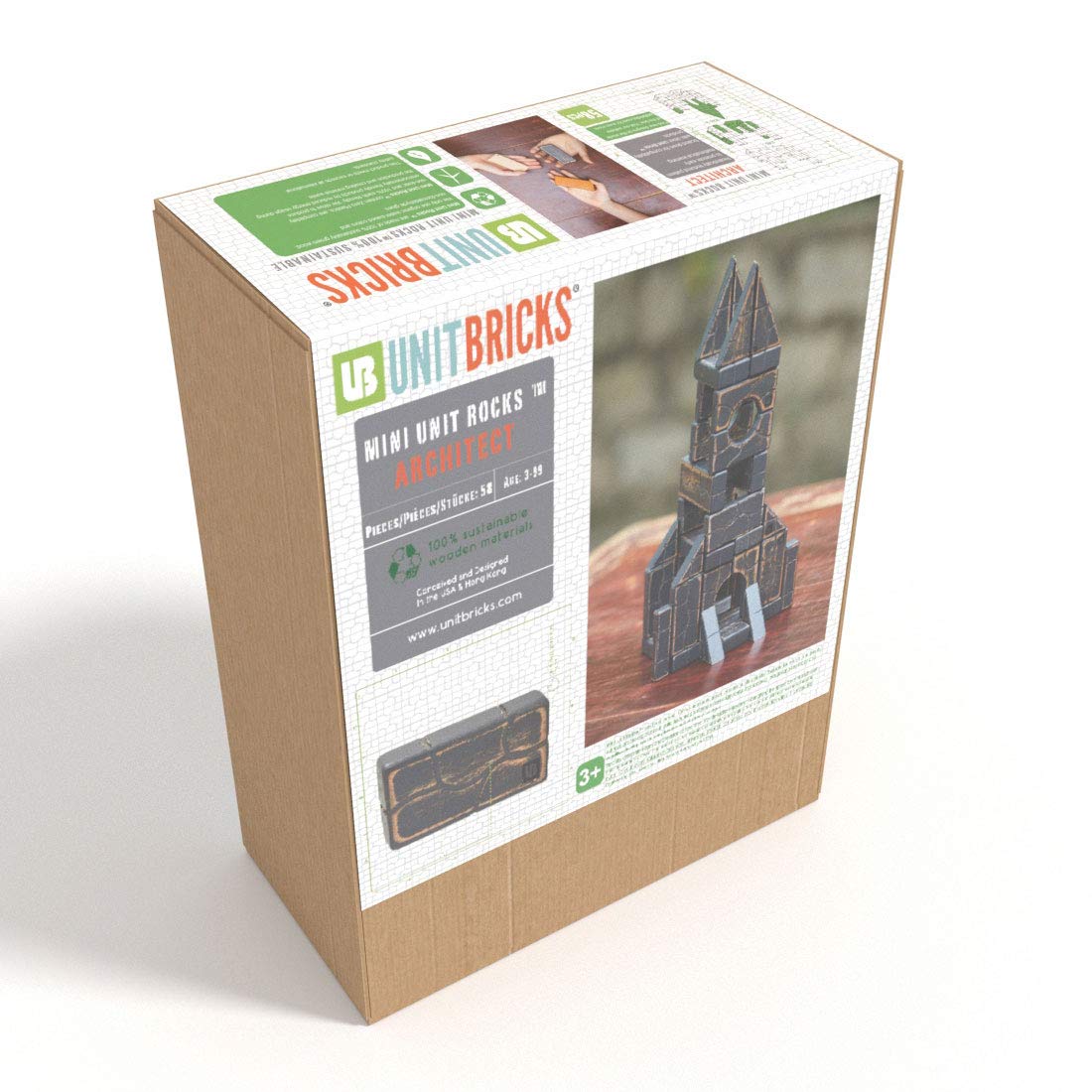 UB UNITBRICKS 58 pcs Mini Unit Rocks Wooden Building Set for Age 3+, Black