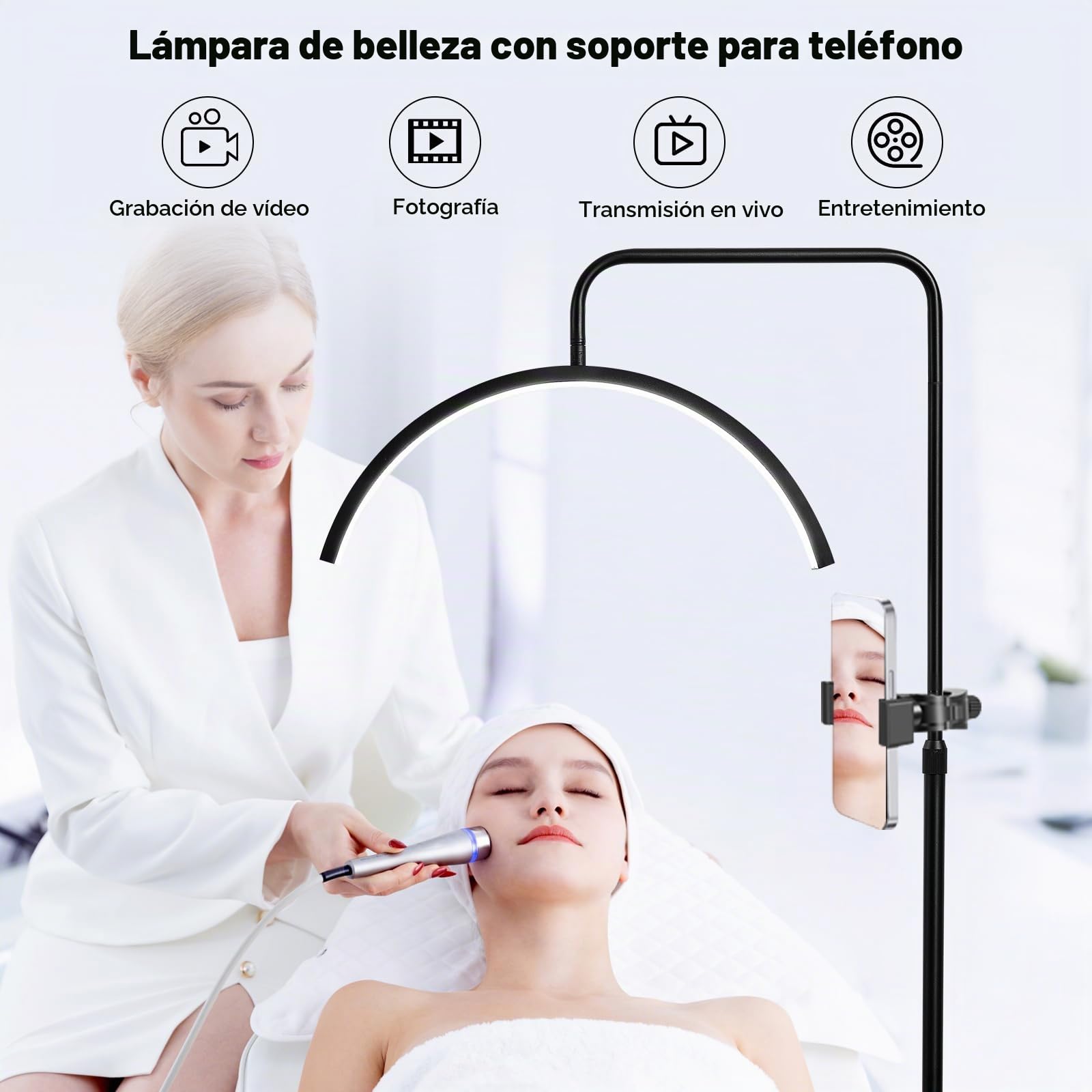 Lampara de Pie Curvada Forma de Media Luna Cabezal Ajustable 360° Altura Ajustable Lámpara de Pie LED Atenuación 3 Colores Extensión Pestañas y Nelleza Luz Relleno Diaria Lampara de Pie Salon