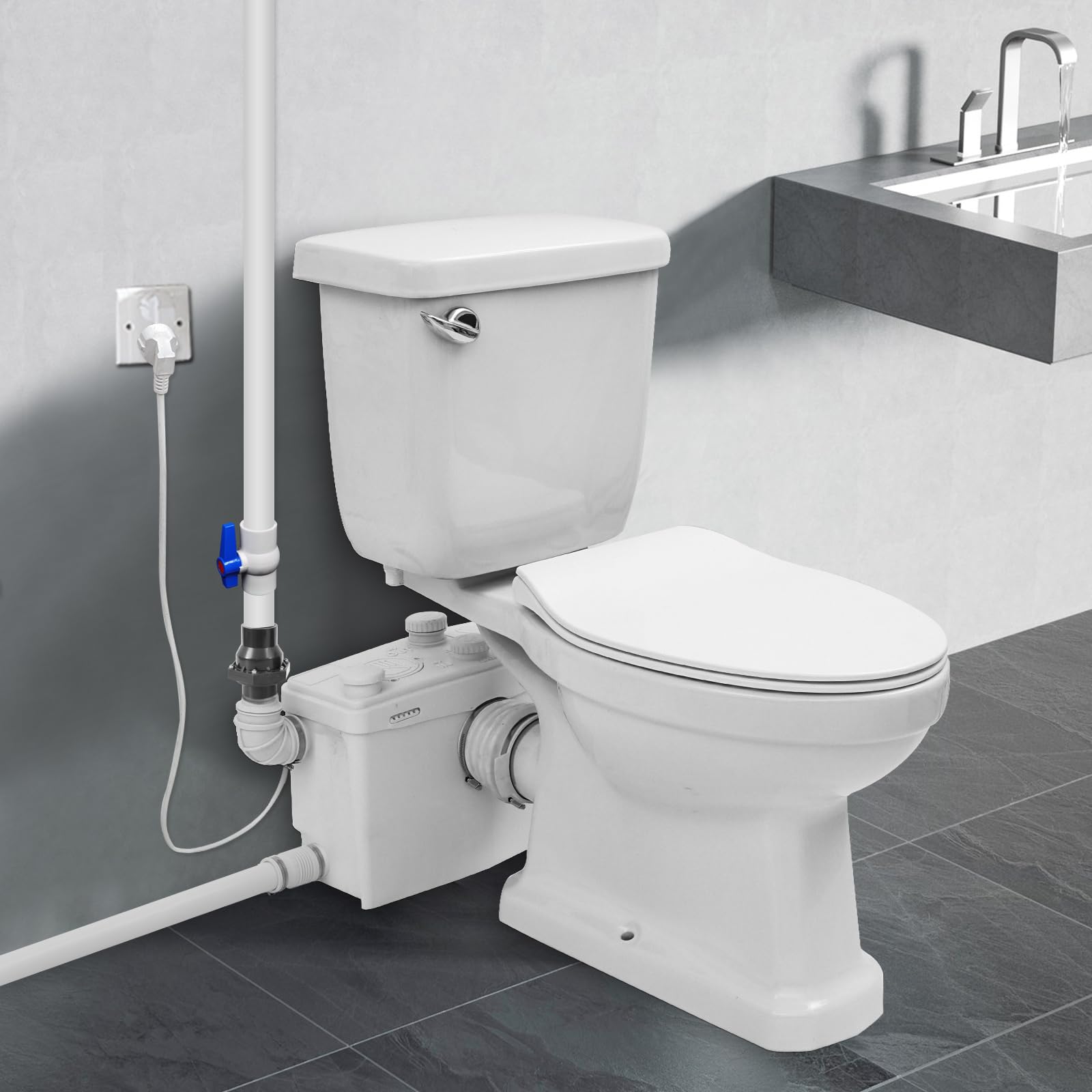 700Watt Upflush Toilet with Macerator Pump For Basement, Two Piece Macerating Toilet for Bathroom/Toilet/Sink/Kitchen, Powerful & Quiet Dual-Flush Elongated Toilet, Nano-Glazed Surface