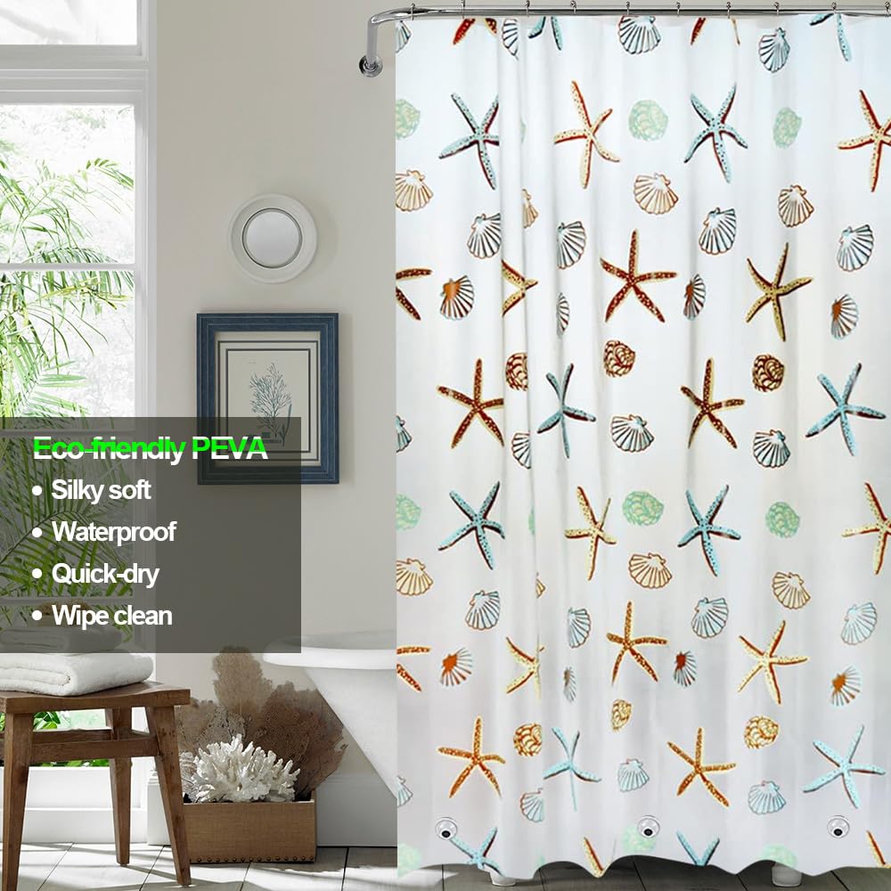 Plastic Shower Liner - Premium PEVA 4G Shower Curtain Liner with Rustproof Grommets and 3 Weighted Magnets, Waterproof Shower Curtains for Bathroom (Starfish, 72
