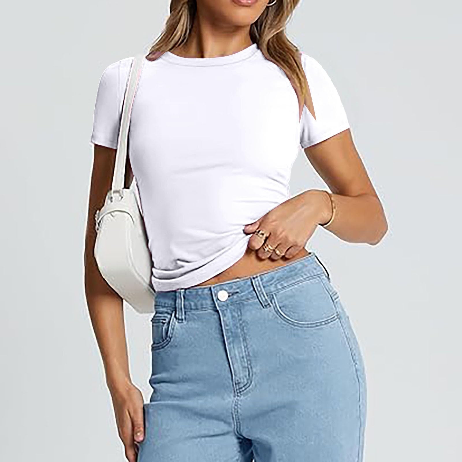 Tee Shirt Femme 3pc Tshirt Femme Coton Basic T-Shirts Crop D'éTé Teeshirt Col Rond Manche Courtes Unis Haut CintréE Chic Top Confort Elastique Vetement Au Quotidien