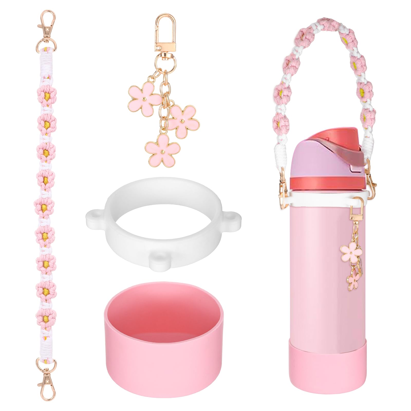 Silicone Boot Set for Owala Water Bottle 24 oz 34 oz with Handle Strap and Charm Compatible with Owala Freesip, Water Bottle Straps for Carrying for Owala Tumbler Non-Slip Silicone Boot Keychain Charm