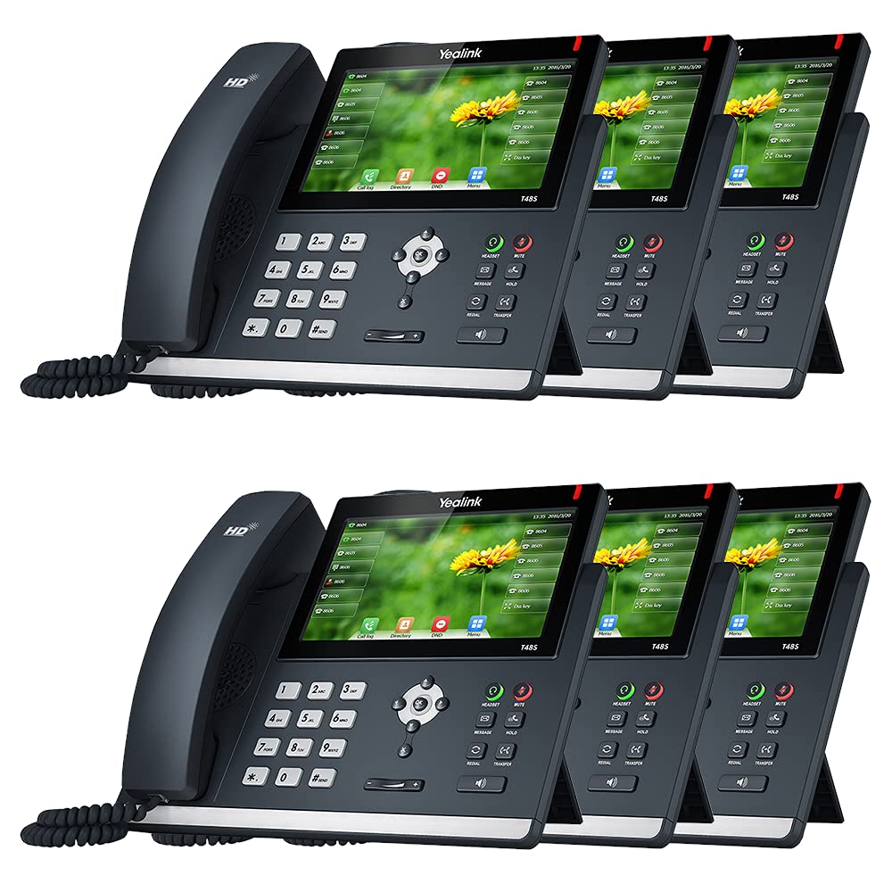 Yealink SIP-T48S Business Phone System: Starter Pack with Voicemail, Auto Attendant, Cell & Remote Phone Extensions, Call Recording & Free TWAComm.com Phone Service for 1 Year (6 Phone Bundle)