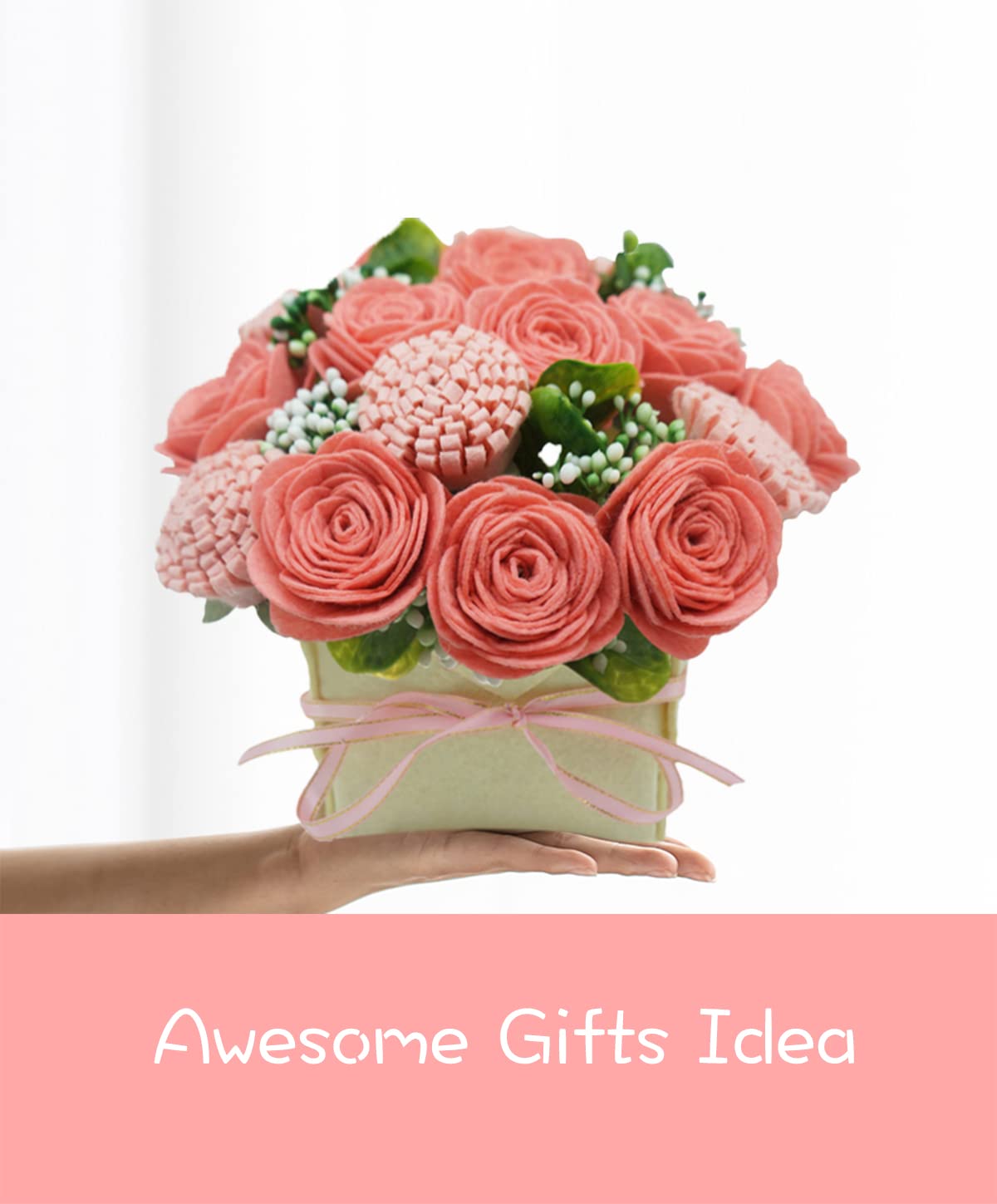 BAZIMA DIY Felt Flower Art Craft Kit,DIY Pink Rose and Carnation Bouquet Kit, Floral Gifts,Beginner Craft Kit,Arrange Pre-Cut Felt Flowers and Foliage