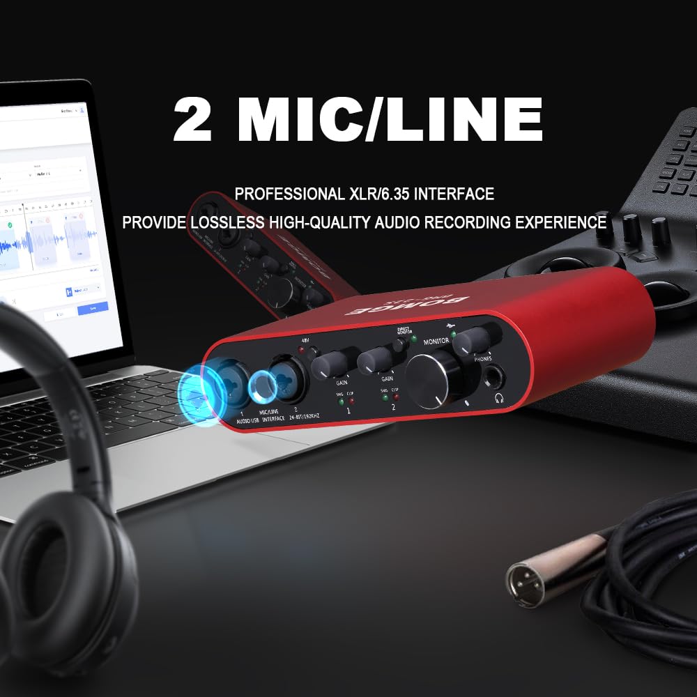 BOMGE Interfejs audio USB z zasilaniem fantomowym XLR/48 V, wysoka wierność 24 bitów/192 kHz, do interfejsu miksera audio studyjnego dla gitarzysty, wokalisty, podcastera, producenta, Plug and