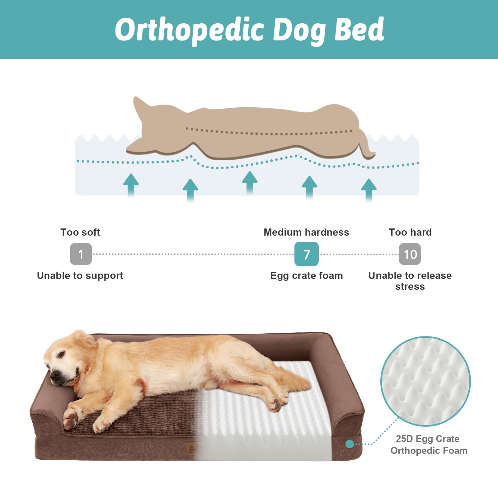 COZY KISS Orthopädisches Hundebett für große Hunde, waschbares Hundesofa, groß, (Braun, XL(44 * 32 * 7inch)-U)
