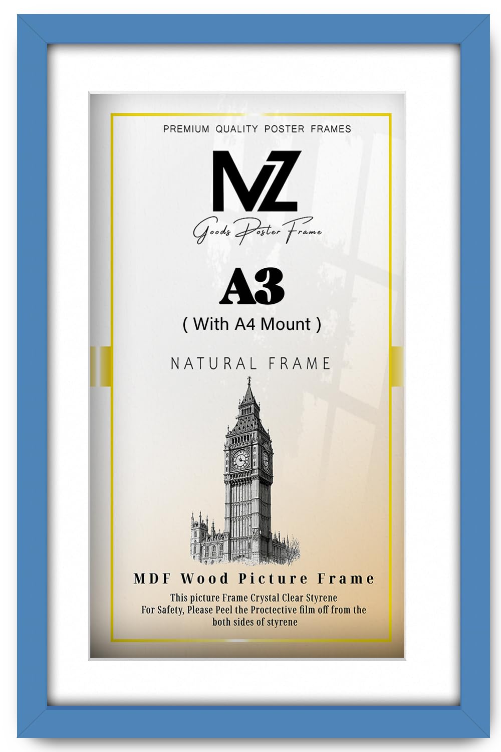 MZ GOODS | MDF Contemporary Wall Hanging Frame A3 (29.70 x 41.90 cm) With A4-(11 x 8 Inch) White Mount Engineered Wood | 16X11 Inch Certificate, Painting, Award, Photo Frame [ Blue ]