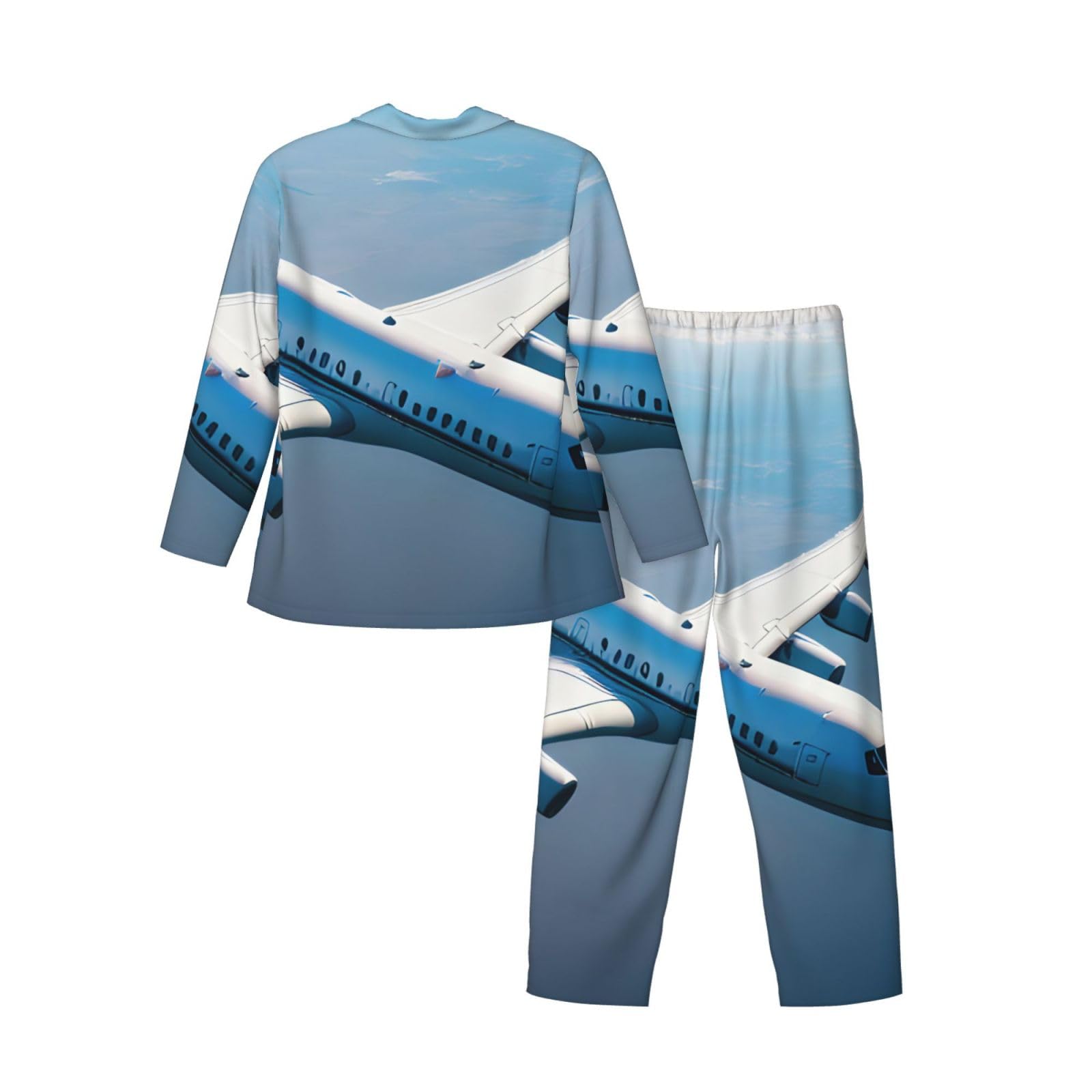 Herren-Pyjama-Set mit Flugzeug-Druck, langärmelig, zweiteilig, Hauskleidung, bequeme Nachtwäsche