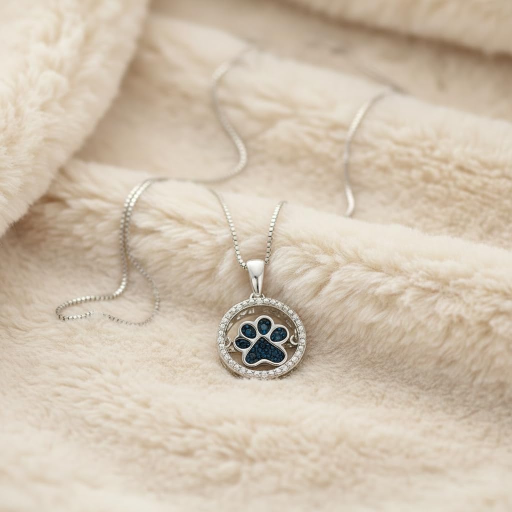 Jewelili Sterling Silver Dancing Dog Paw Pendant Necklace for Women | Treated Black or Blue & Natural White Round Diamonds | 18" Box Chain | Luxury Jewelry| Gift Box Included