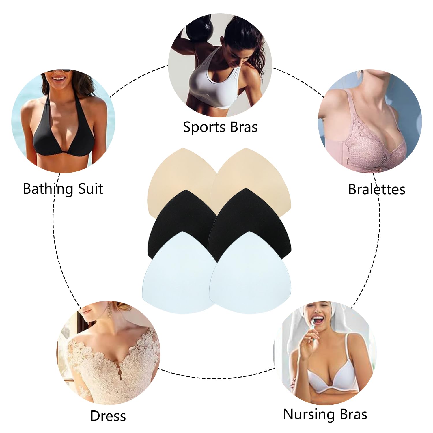 Wkładki do biustonosza, 3 pary wyjmowanych biustonoszy sportowych, wkładki do bielizny, wkładki do bikini, wyściółka biustonosza, push up, trójkątny biustonosz, oddychający, miękki, dla dziewcząt