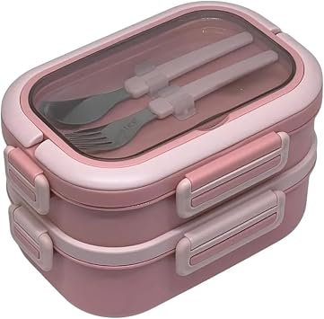 Vagonlife Bento 1650ml Lunchbox 2 Tiers 3 Compartments Stainless Steel Lunch Box Dining Box Pink