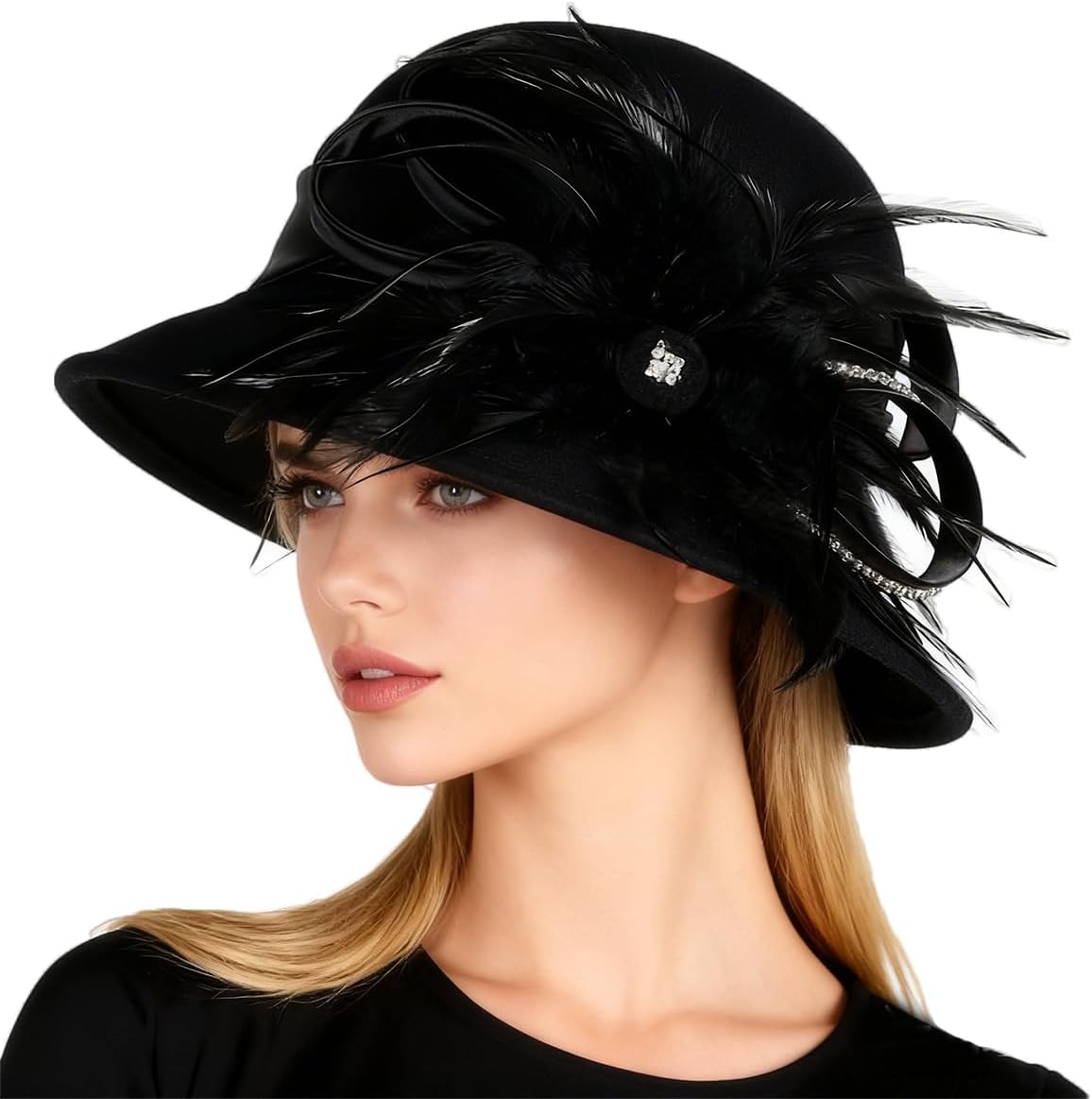 Women's Black Wool Felt Cloche Hat with Flower Feather Formal Church Tea Party Dress Cocktail Bucket Hats - Image 2