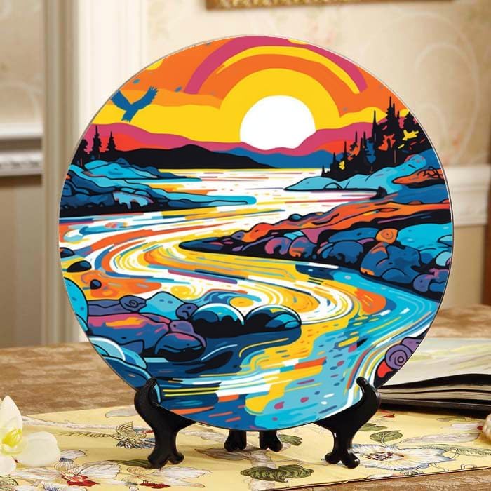 Tidal River 10-inch Ceramic Plate for Wall Display or Tabletop, with Stand & Hook DP-427877881