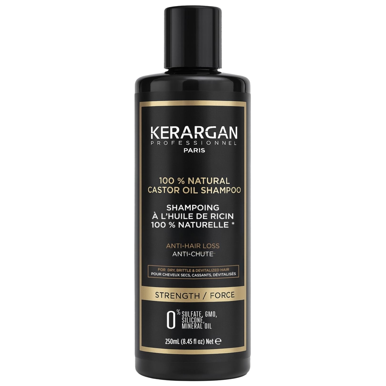 Kerargan - Hair Growth Castor Oil Shampoo - Strengthens & Supports Growth - For Dry and Brittle Hair - Enriched with Keratin, Argan Oil, Aloe Vera - Sulfate-Free, GMO-Free, Silicone-Free - 250ml