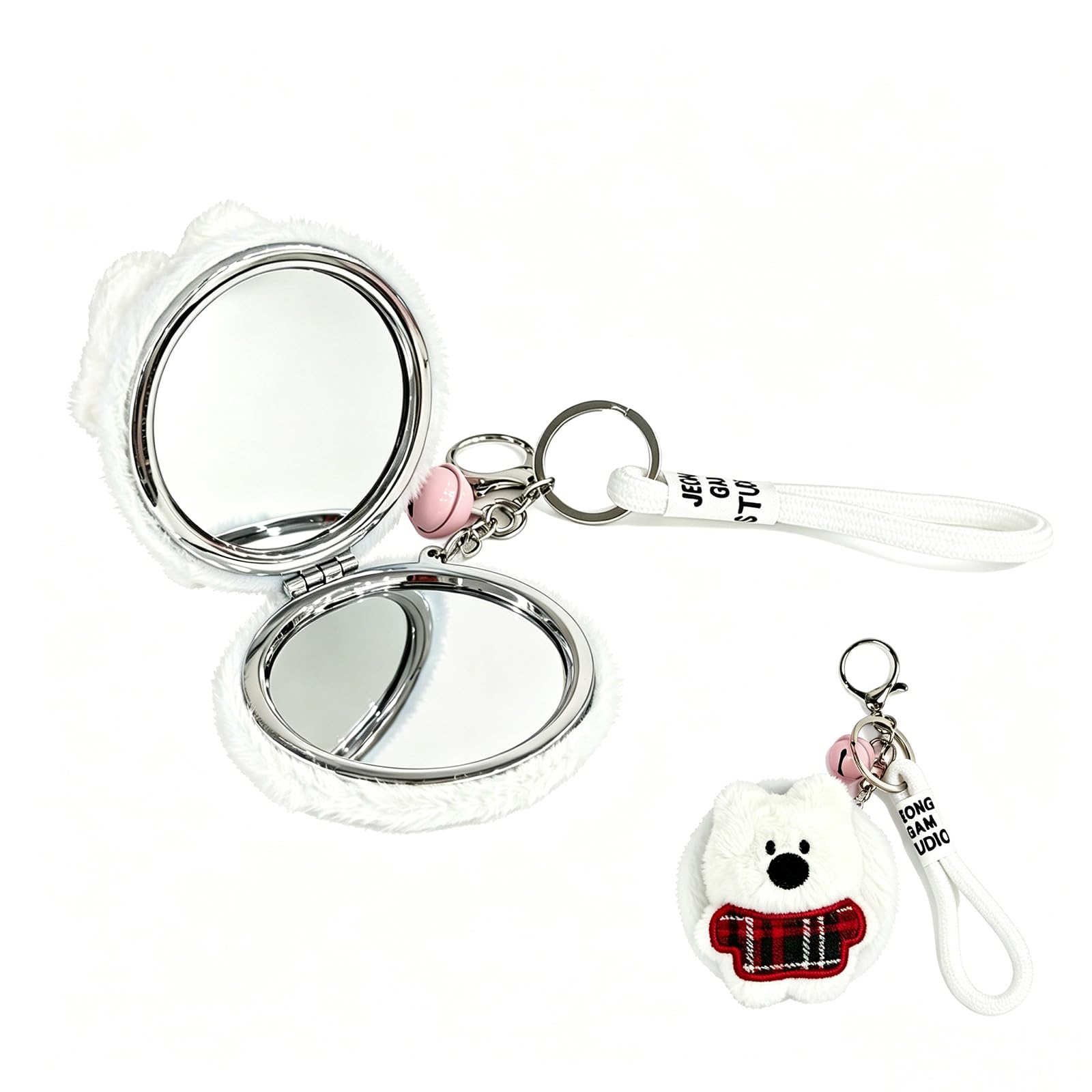 CLTTCLLCT Cute White Plush Cartoon Mirror Keychain – 1X/10X Dual Magnifying Mini Travel Compact Makeup Mirror with Key Ring & Wrist Strap, Small Dog Toy Style Plush Ornament, for Women & Girls