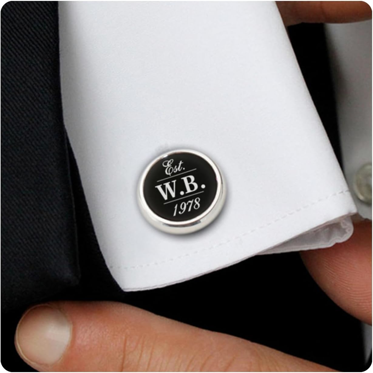 Engraved initial cufflinks - Personalized Gift for Men - Birthday anniversary - Husband dad groom cufflinks gift - Silver onyx cuff links