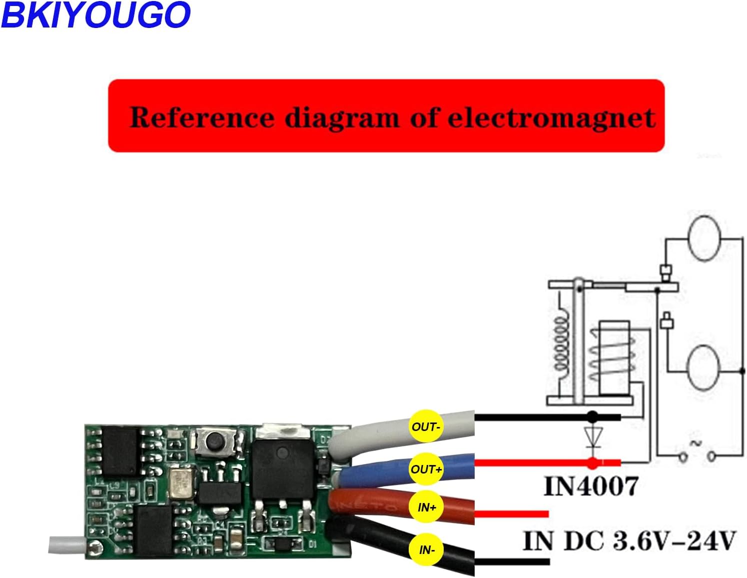 Wiring diagram for an electromagnet, showing the receiver connected to a DC 3.6V-24V power source and an electromagnet with a protective diode.