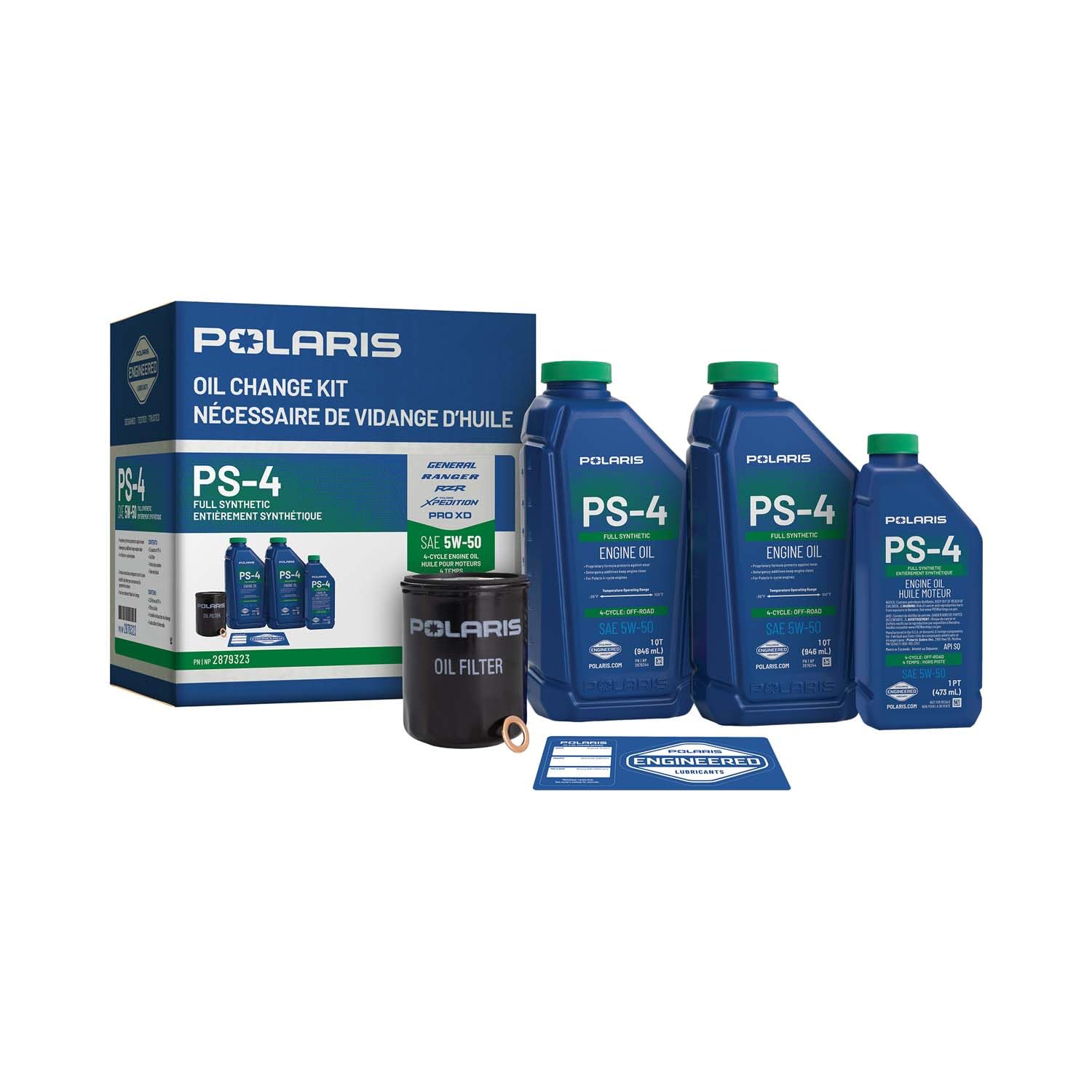 Polaris PS4 Oil Change Kit for Specific RANGER, GENERAL, RZR, ACE 900 XC Models With 4 Stroke Engine, Includes 2.5 Quarts PS-4 5W-50 Full Synthetic Oil, 1 Oil Filter, Genuine OEM - Part 2879323