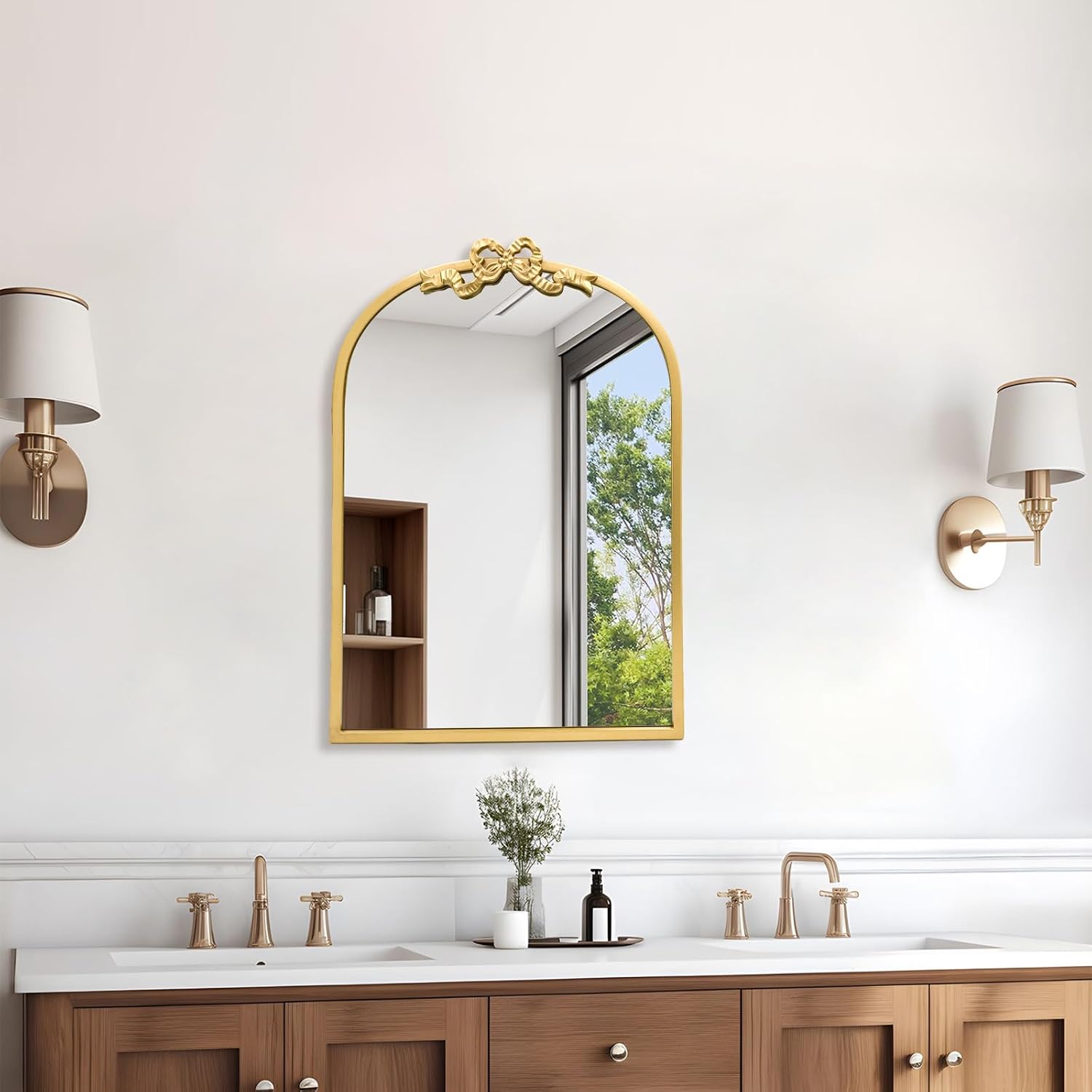 Vintage Arched Bow Gold Mirror: 27"x19" Large Antique Wall Mirrors with Metal Frame for Bathroom Vanity - Baroque Ornate Bow Decor for Living Room, Fireplace, Entryway, Hallway
