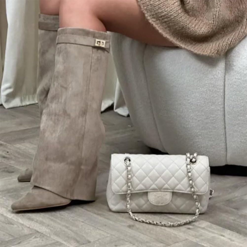 Fold Over Botas Mujer Invierno Cowboy Boots de Tacon Botines Largas Altas