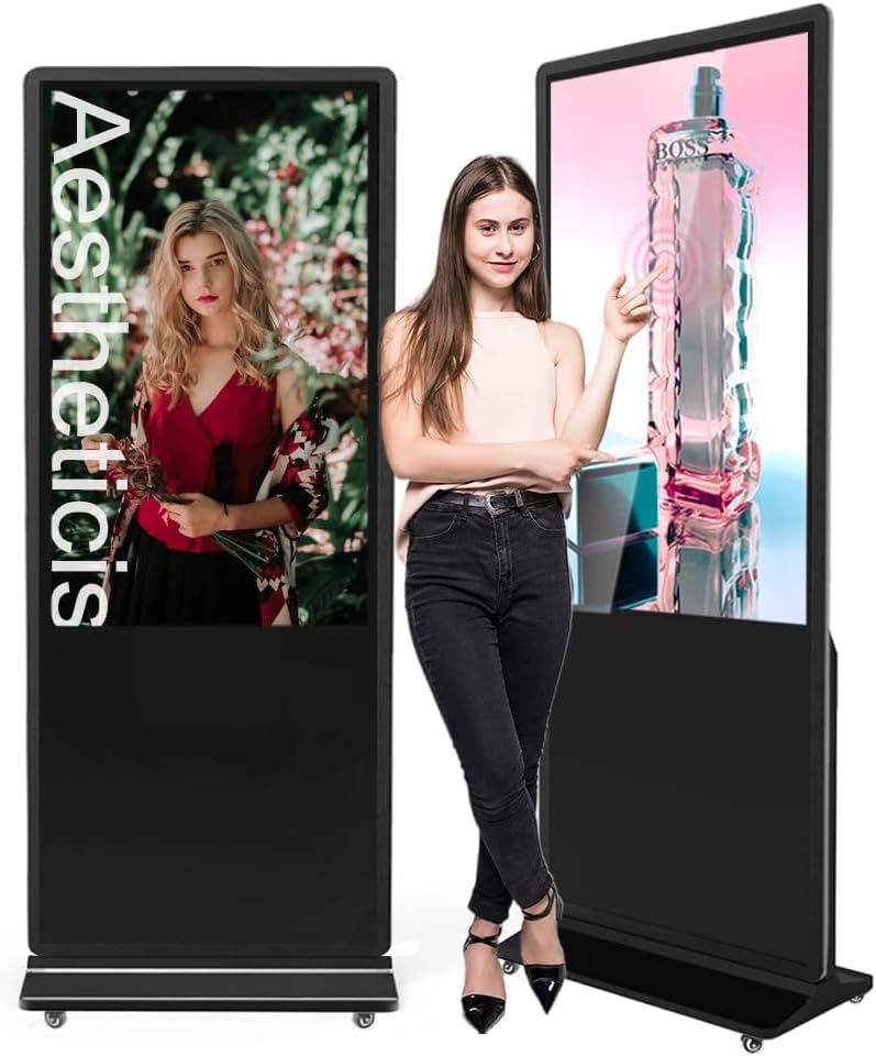 43/49/55/65 Inches Digital Signage Display, Freestanding Digital Poster with 4 Wheels, LCD Commercial Advertising Display Ideal for Retail, Restaurants & Shopping Malls, Black, Touchscreen
