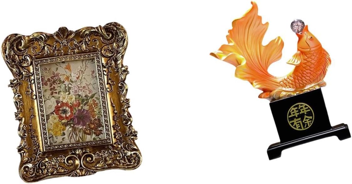 Baoblaze Hand Carved Floral Photo Sculpture Resin Ornament Crafts Antique Picture Holder Tabletop Wall Mounted Modern Carp Statue Animal Figurine Fo