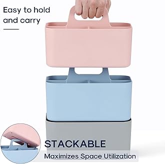 Multiuse Caddy Organizer with Handle - Stackable Plastic Tote Bin - Art Craft Supplies, Office, Desk, Stationery Pen Holder, Kitchen, Utensil, Makeup, Bathroom, Shower, Cleaning, Dorm Organizer - Pink