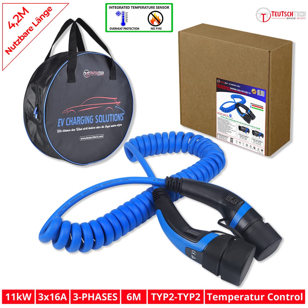 TEUTSCHTECH EV laadkabel I 7.5M I TYPE2 - TYPE2 I 11kW I 3X16A I 3-fase I verzilverde contacten I temperatuurbewaking I bescherming tegen brand I opbergtas