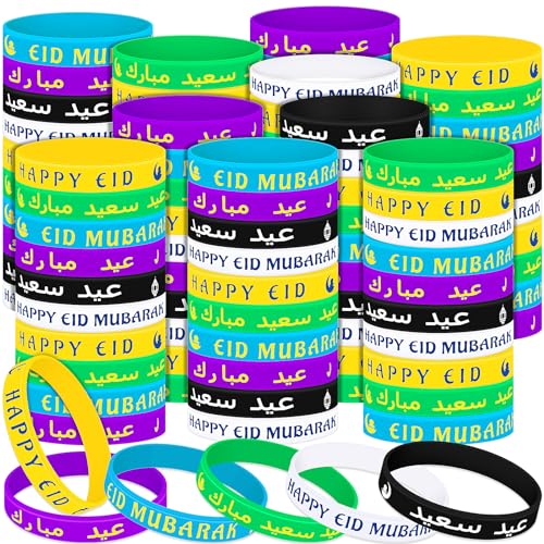 Image of Landical 120 Pcs Eid Mubarak Silicone Bracelets Ramadan Mubarak Kareem Motivational Rubber Wristbands Colored Eid Festival Silicone Bracelets Muslim Gifts Ramadan Festival Party