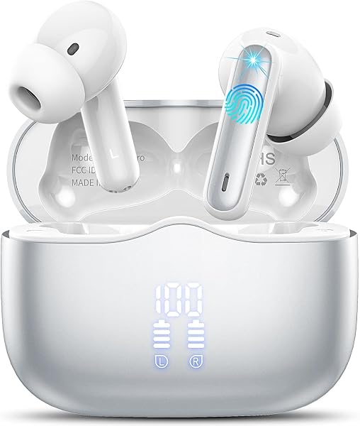 Bezprzewodowe słuchawki douszne, słuchawki bezprzewodowe bluetooth 5.4 z mikrofonami z redukcją szumów ENC, 40 H z głębszym basem, wodoodporne słuchawki IP7 z wyświetlaczem LED, Srebrne