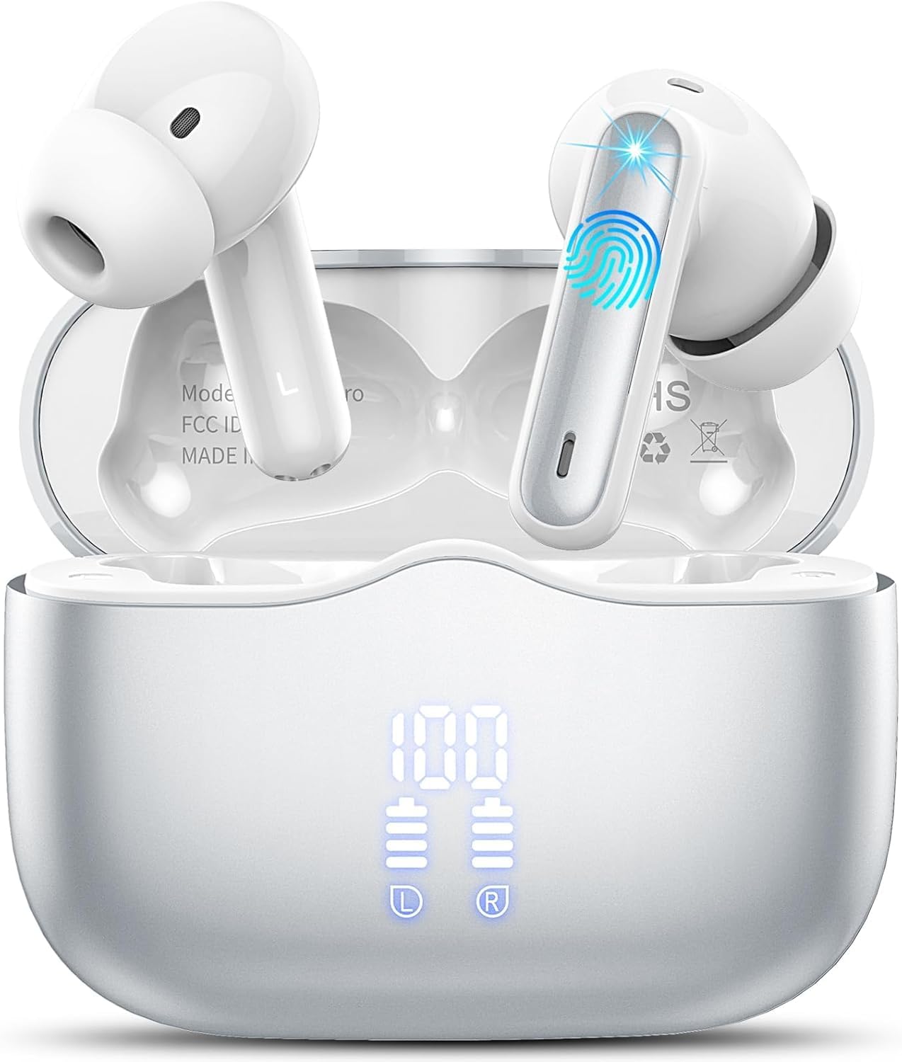 Wireless Earbud, Bluetooth 5.3 Headphones Deep Bass with 4 HD Mics, Wireless Headphones in Ear 40H Playtime, Bluetooth Earphones with Light Weight, IP7 Waterproof Ear Buds for Android IOS, Silver