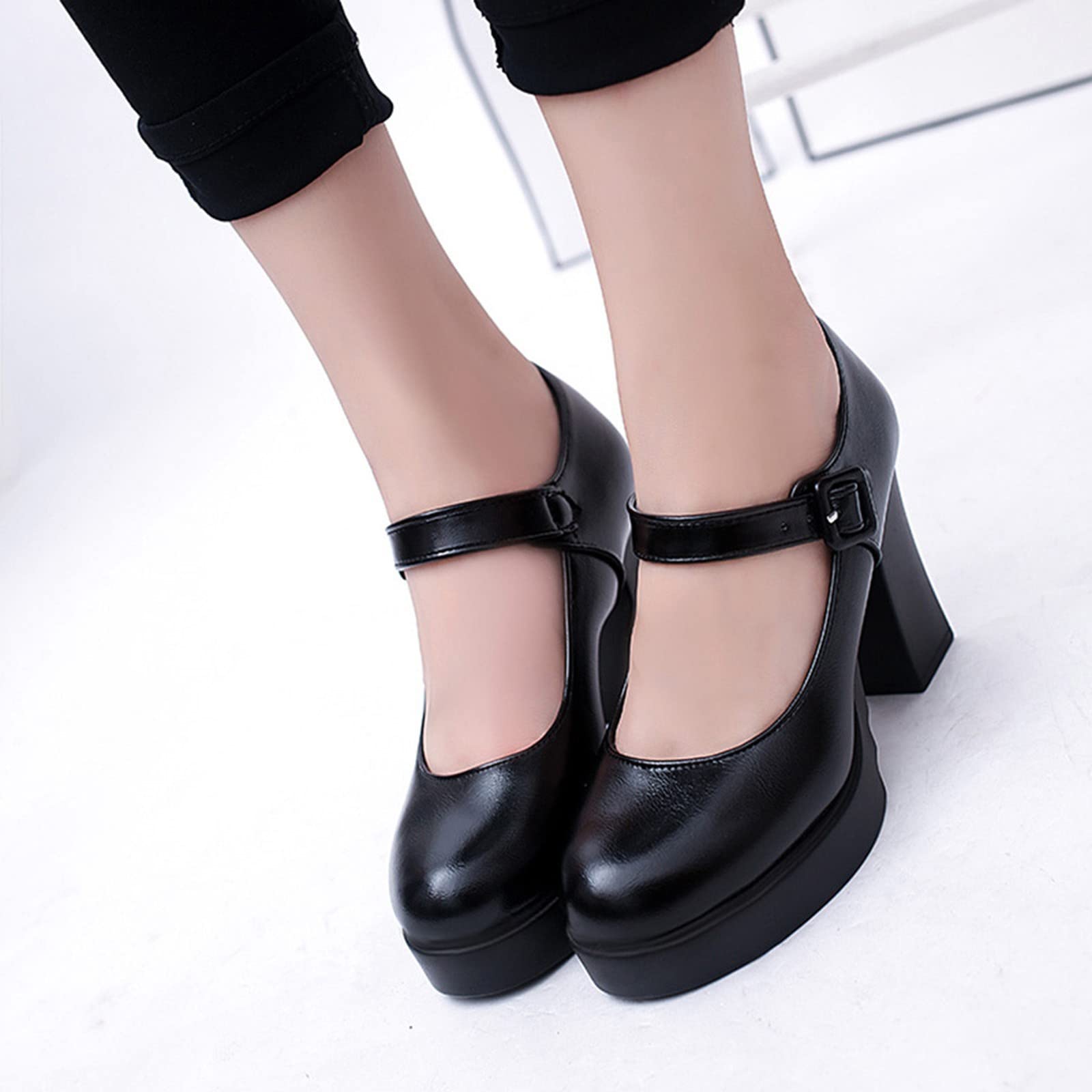 Mary Jane Chaussures à talon bloc pour femme Escarpins avec lanières élégantes talons hauts Bout rond Chaussures hautes Chaussures à boucle Escarpins à lanières en cuir verni Chaussures de mariée