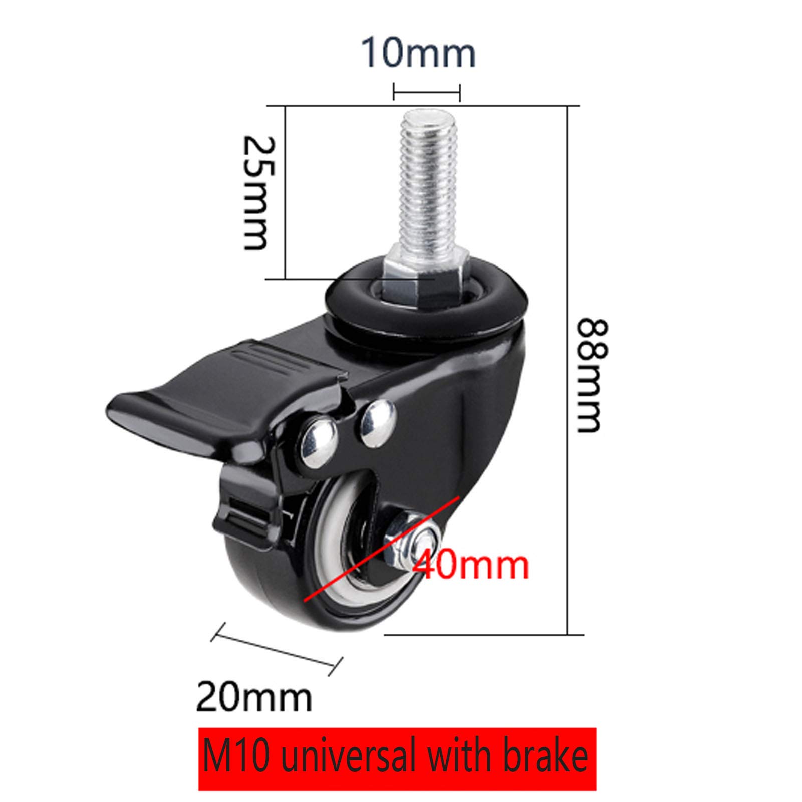 4 Ruedas móviles (2 con Freno, 2 sin Freno) con Varilla roscada (M8, M10) Ruedas para Muebles y carros de Equipaje, Cada Rueda Tiene una Capacidad de Carga de 60 kg (10 mm)