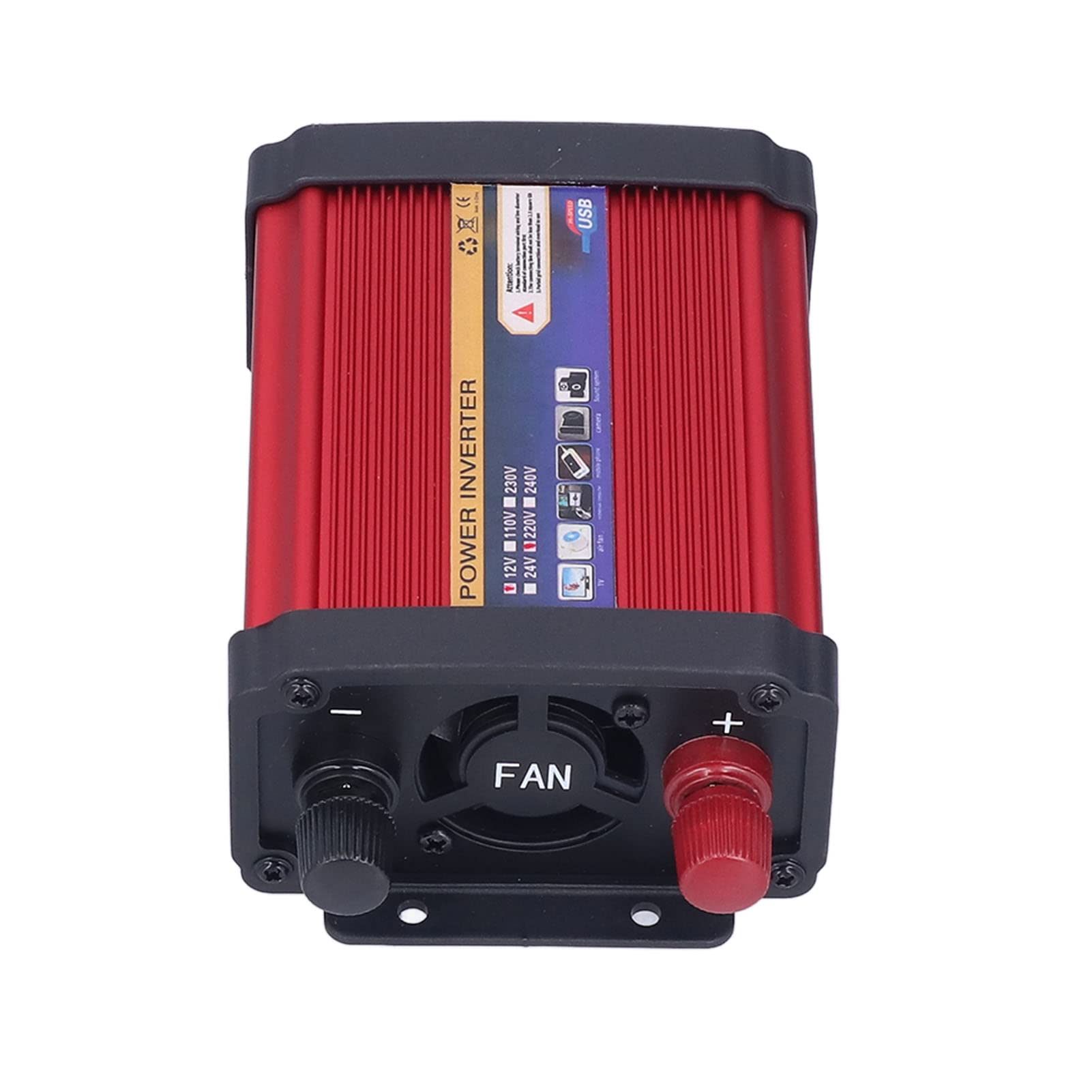 Wechselrichter, modifizierte Sinuswelle, 500 W, Auto-Stromrichter, Zwei USB-Anschlüsse mit Wechselstrom-Steckdose für Urlaub, Camping, Reisen, rote Aluminiumlegierung