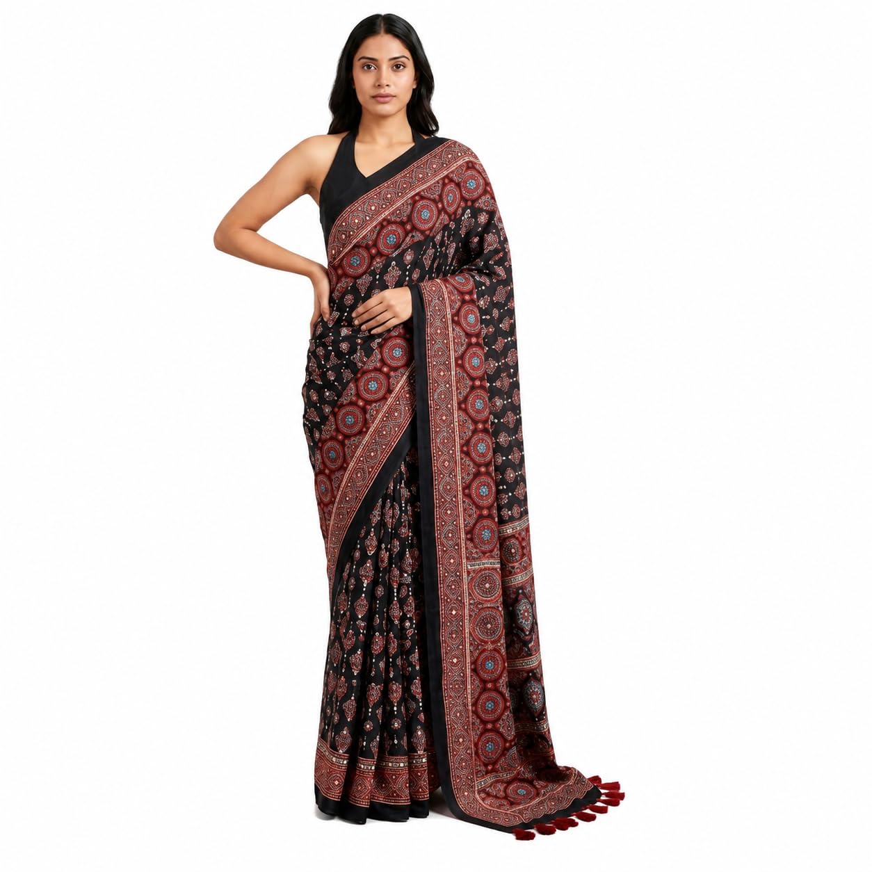 Black Gajji Silk Saree for Women with Mirror Work Border, Ajrakh Inspired Printed Designer Saree with Red Tassel Pallu and Unstitched Blouse Piece for Party Festive Wedding Ethnic Saree-image-13