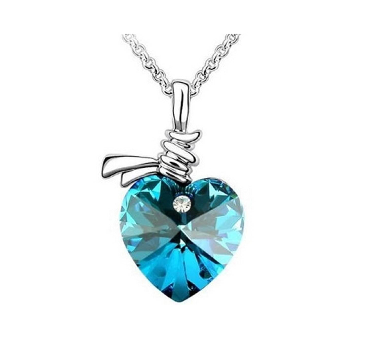 Womage White Gold Plated Ocean Blue Austrian Crystal Beautiful Heart Pendant for Women - Jewl-45