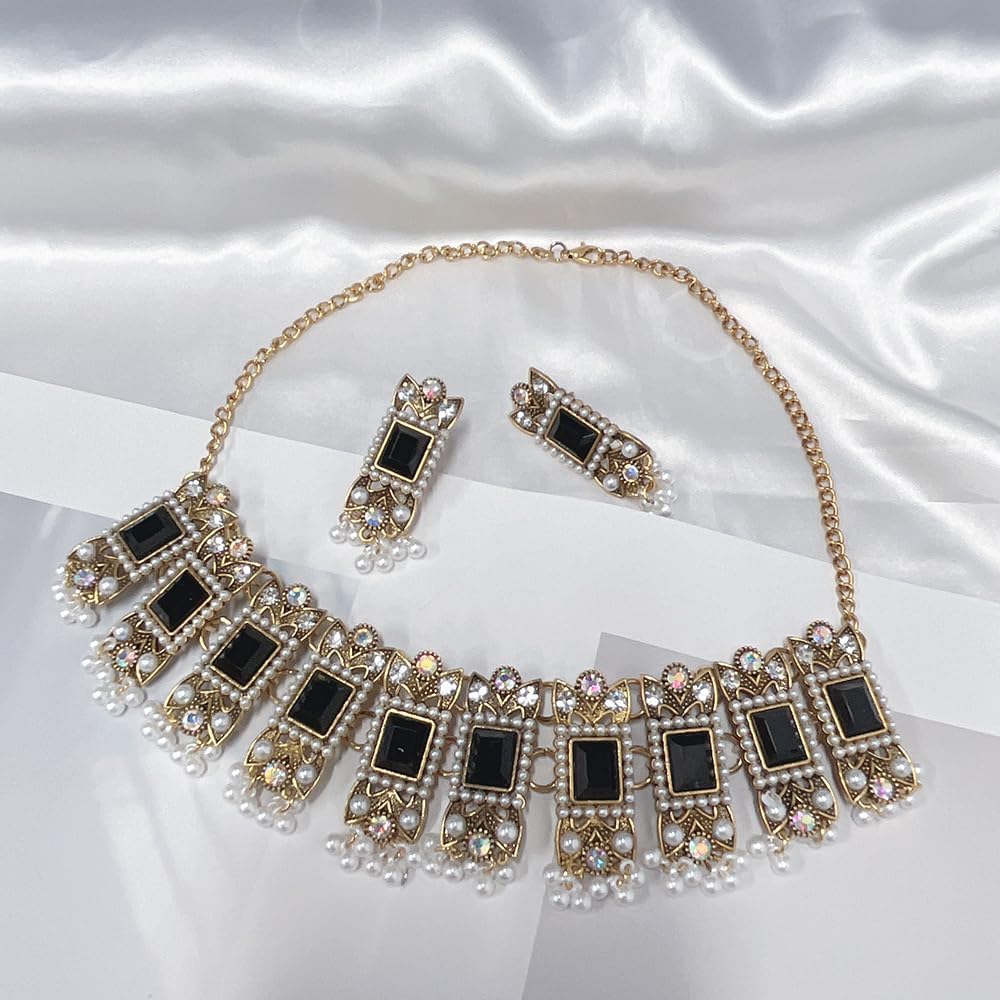 Vintage Rhinestone Indian Jewellery Set for Women Boho Punk Choker Necklace Tassels Pearl Bead Dangle Earring Crystal Wedding Prom Gemstone Traditional Bollywood Ethnic Charms Gift for Mom Xmas - Image 5