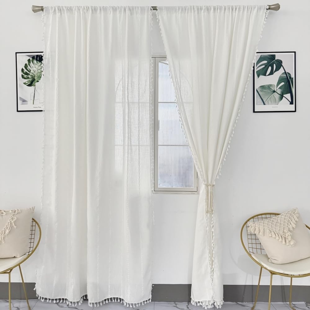 Amidoudou 1 Pair Striped Boho Curtain for Living Room Bedroom Farmhouse Window Tassel Curtain (White,54x90 Inch)