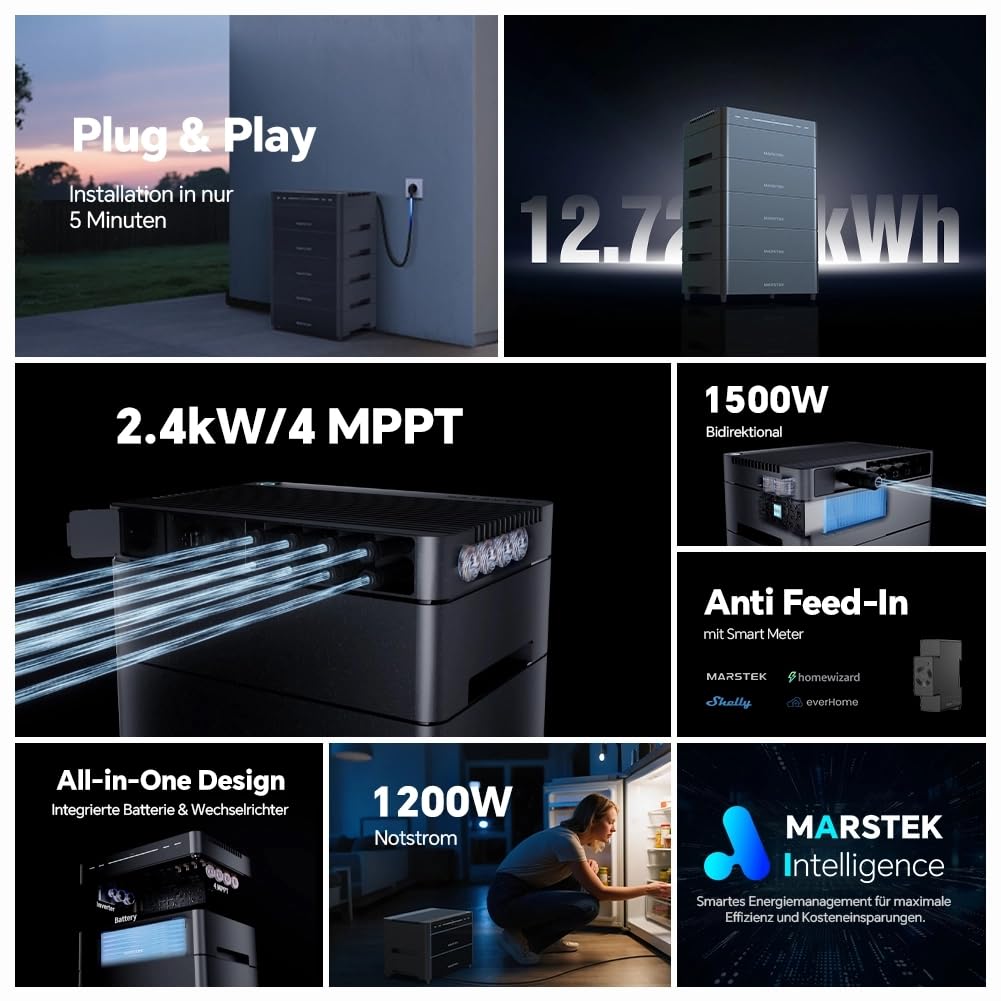 Marstek Venus A Impianto solare da balcone con batteria e inverter – Accumulo LiFePO4 da 4240 Wh, 4 MPPT, Ingresso FV da 2,4 kW e uscita da 1,2 kW, 6000 cicli, Controllo tramite app, IP65