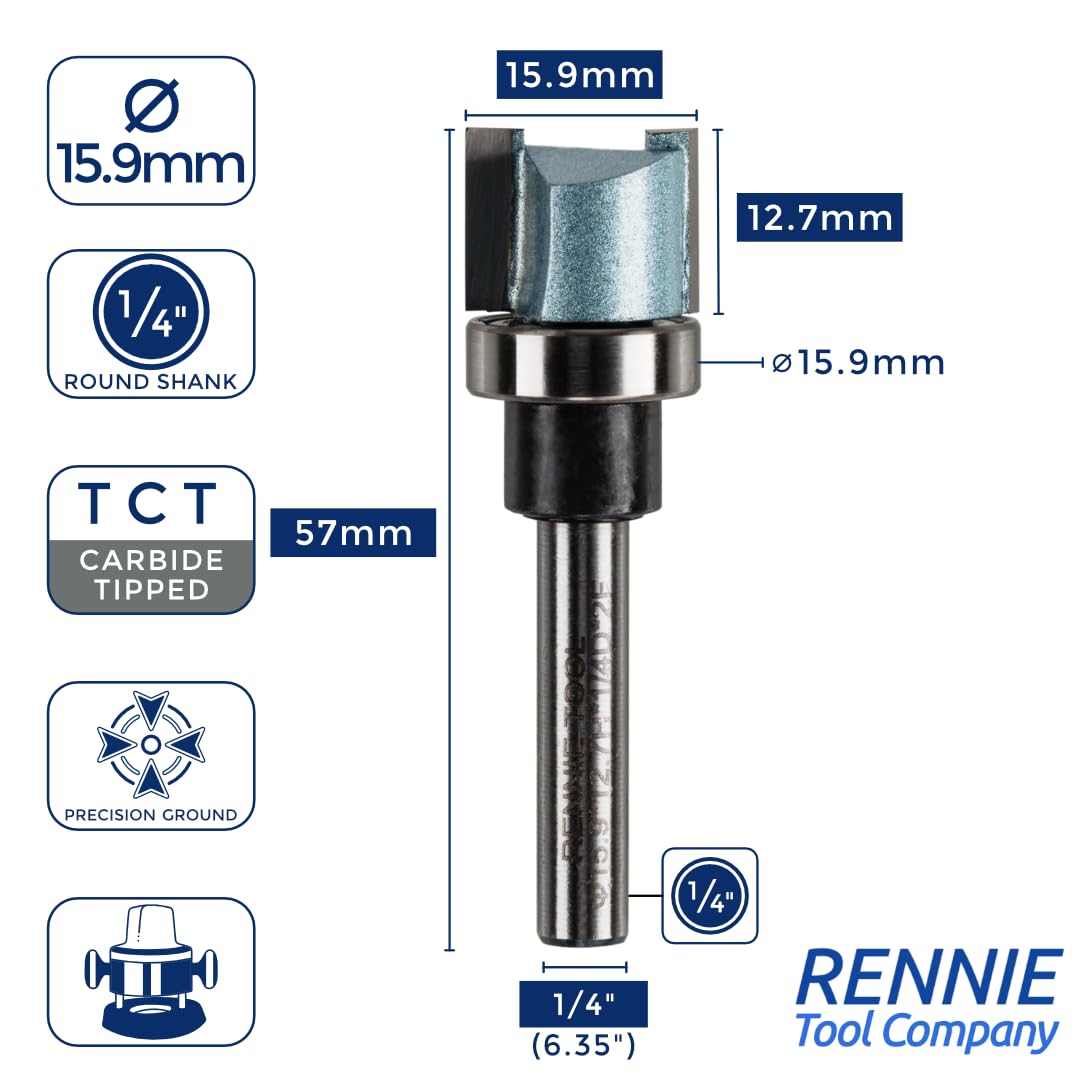 Rennie Tools, 15.9mm Cut x 12.7mm Flute x 1/4" Shank Guided Profiler Router Cutter Bit - Image 2