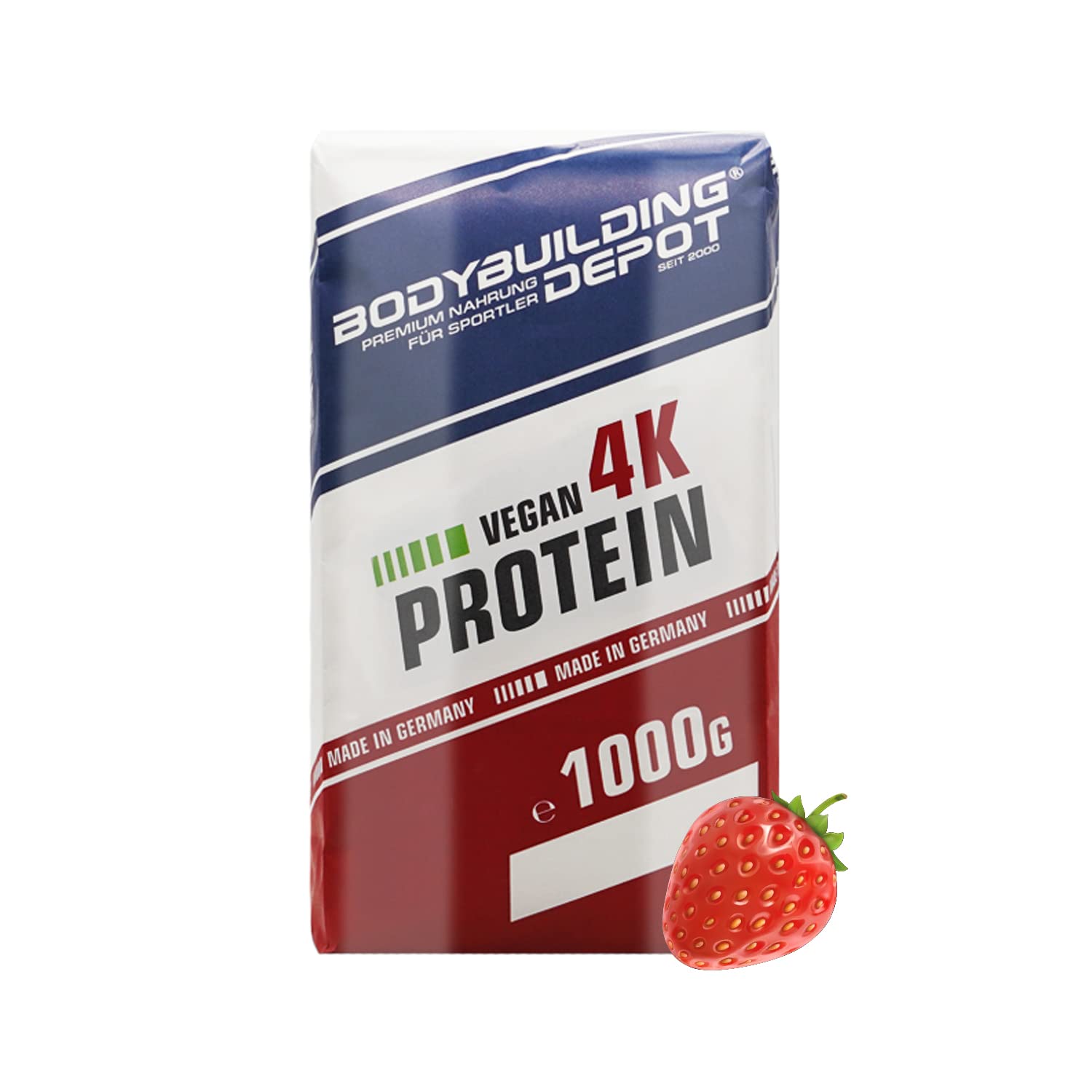Bodybuilding Depot® - Veganes Proteinpulver 1kg, Vegan 4k, Umweltfreundlich in Papier verpackt, 100% pflanzlich, Sehr gute Löslichkeit, Natürlicher Geschmack (Erdbeere)