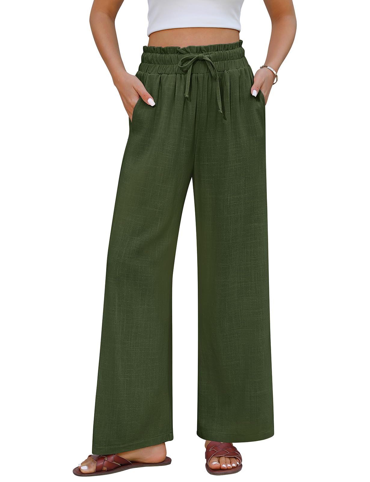 heekpek Leinenhose Damen Sommerhose Leichte Luftige Baumwolle Leinen Weites Bein Hose Sommer Loose Lang Freizeithose Elastisch Hohe Taille Bequeme Stoffhose Elegante Strandhose